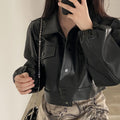 Chic Lapel Double Pocket Leather Top Leather Coat