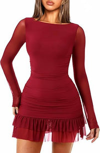 Womens Tight-Fitting Ruffled Mesh Elegant Cocktail Dress