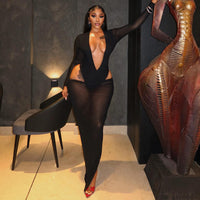 Womens Sheer Long-Sleeve Mesh Dress