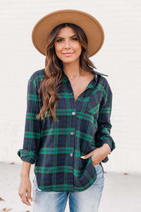 New Polo Collar Pocket Long Sleeve Plaid Shirt Thin Coat For Women