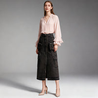 Personalized Trendy Skirt Womens High-Waisted Long Patchwork Denim Skirt With Multiple Pockets