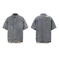 Cut Edge Stitching Leopard Print Denim Short Sleeve