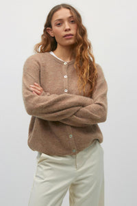 Natural Shell Button Simple And Thin Round Neck Velvet Cardigan Women's Sweater