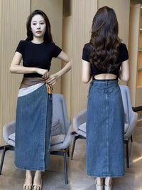 Women's Waist Slit Blue Denim Skirt