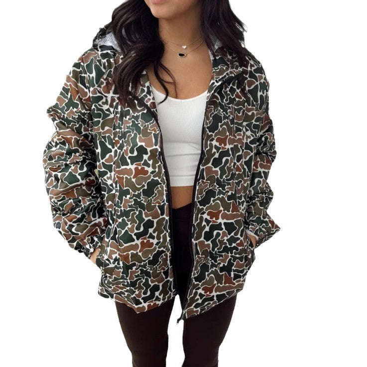 Camouflage Long Sleeve Zipper Rain Jacket Women