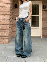 Retro Patchwork Design Wide Leg Jeans Casual Mopping Trousers