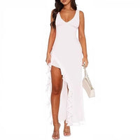 V-neck Hemline Dress Sleeveless Womens Clothing With A Letter-print Ruffled Trim