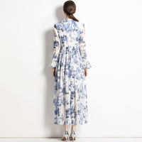 Arrival Stand Collar Ink-Printed Slim-fit Figure-flattering Long-sleeve Shirt Dress