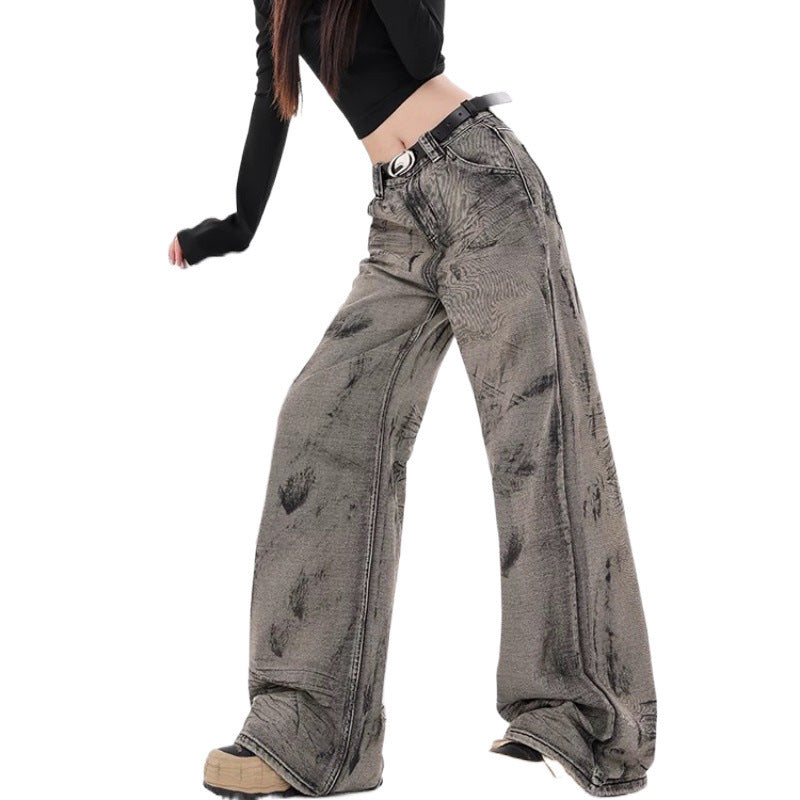 Retro Waste Soil Style Tie-dyed Wide-leg Jeans For Women