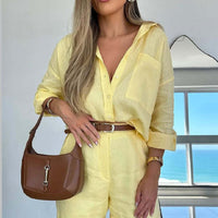 Casual Long-Sleeve Shirt And Shorts Womens Set