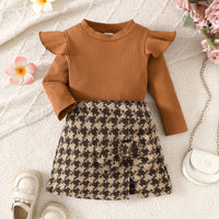 Girl's Long-sleeved Top With Plaid Bow Short Skirt Set
