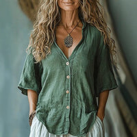 Women's Five-quarter-sleeve Single-breasted Linen Shirt