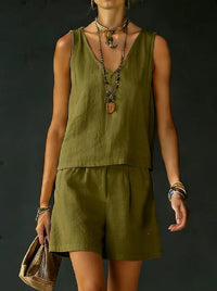 Sleeveless Linen Cotton Top Vest And Shorts Womens Solid Color Two-Piece Set