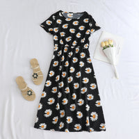 Printed Short-sleeve Waist-cinching Figure-flattering Dress For Petite Frames