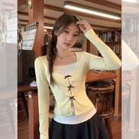 False Two-piece Patchwork Bow Long Sleeve T-shirt Women's Slim Top
