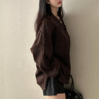 Idle Style Loose Mid-length Pullover Sweater Velvet Polo Collar Sweater