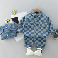 Plaid Double Pocket Lapel Long-sleeved Trousers Overalls Children's Suit