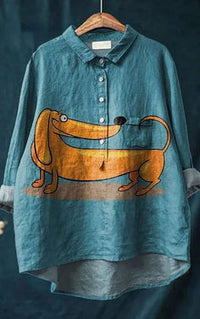 Women's Retro Fish Art Print Lapel Long Sleeve Shirt