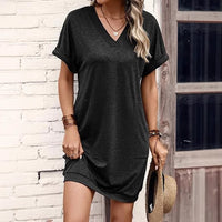 Summer New Style Casual V-Neck Pocket Short-Sleeve Womens Dress