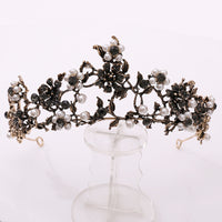 Floral Black Diamond Pearl Baroque Bridal Crown Wedding Tiara Accessories