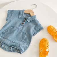 Korean Summer Baby Girls' One-piece Cotton Denim Short Sleeve Big Pocket Khaki Climbing Suit