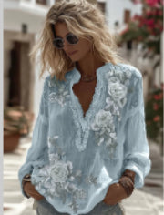 Womens Loose-fitting Plus-size V-neck Top With A Printed Design