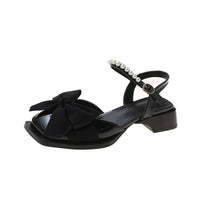 Summer Bow-Knot Pearl Low-to-Mid-Heel Leather Shoes