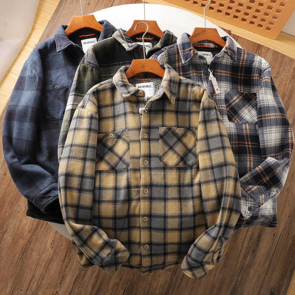 Autumn And Winter Fleece-lined Warm Composite Lambswool Plaid Shirt Cotton-padded Coat