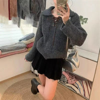 Loose Top Vintage Lace-up Polo Collar Women's Sweater