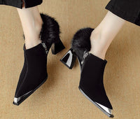Womens Retro Chic Versatile Metal Pointed-Toe Slimming Cotton Shoes With Zipper And High Heel