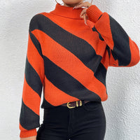 Female Casual Contrast Color Diagonal Stripes Turtleneck Pullover