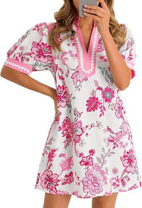 Casual Floral Puff Sleeve V-Neck Colorblock Loose Dress