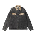 Contrast Color Leather Patchwork Lapel Pocket Denim Clothes Jacket