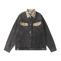 Contrast Color Leather Patchwork Lapel Pocket Denim Clothes Jacket