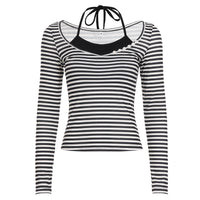 New European And American-style Striped Halter V-neck Slim-fit Long-sleeve Top