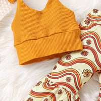 Girls' Knitted Sling Backless Tube Top Top Wave Flower Bell-bottom Pants Suit