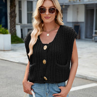 Women's V-neck Three-button Sleeveless Cardigan