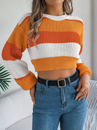 Autumn And Winter Leisure Color Matching Lantern Sleeve Pullover Midriff-baring Sweater