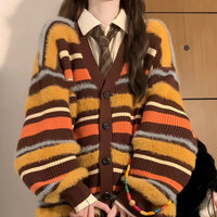 Women's Loose Contrast Color Striped V-neck Sweater Cardigan Coat