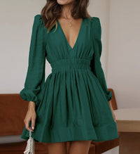 V-neck Waist-cinching Pleated Skirt With Ruffled Hem French Style