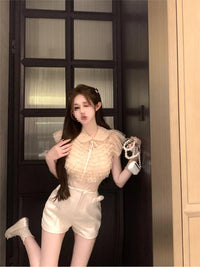 French Style Bow Lapel Chiffon Short Sleeve Shirt