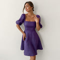 Womens New Elegant Square-Neck Short-Sleeve High-Waist Dress