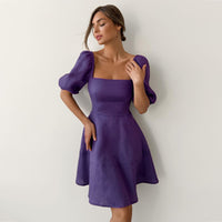 Womens New Elegant Square-Neck Short-Sleeve High-Waist Dress