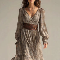 Plaid V-neck Long-sleeve Dress With Ruffled Hem