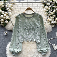 Hollow-out Slim-fit Short Age-reducing Puff Sleeve Top