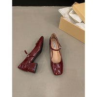 Retro Hong Kong Style Wine Red Chunky Heeled Pumps