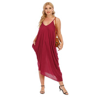 V-neck Slip Dress Irregular Loose Womens Dress With Two Pockets