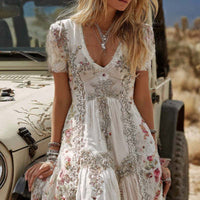 Retro Bohemian Rose Embroidered Linen Loose-Fit Long Dress