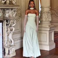 Womens Strapless Sleeveless Pleated Patchwork Bodycon Sheath Long Dress