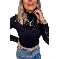 Womens Fashionable Lace Long-Sleeve Solid-Color Pullover Turtleneck Base Layer Shirt